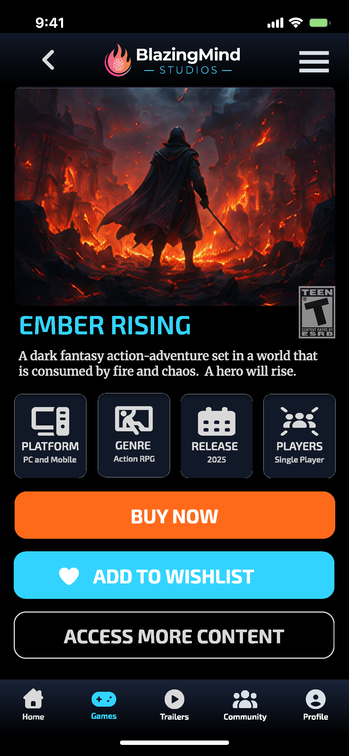 BlazingMind Studios app content screen