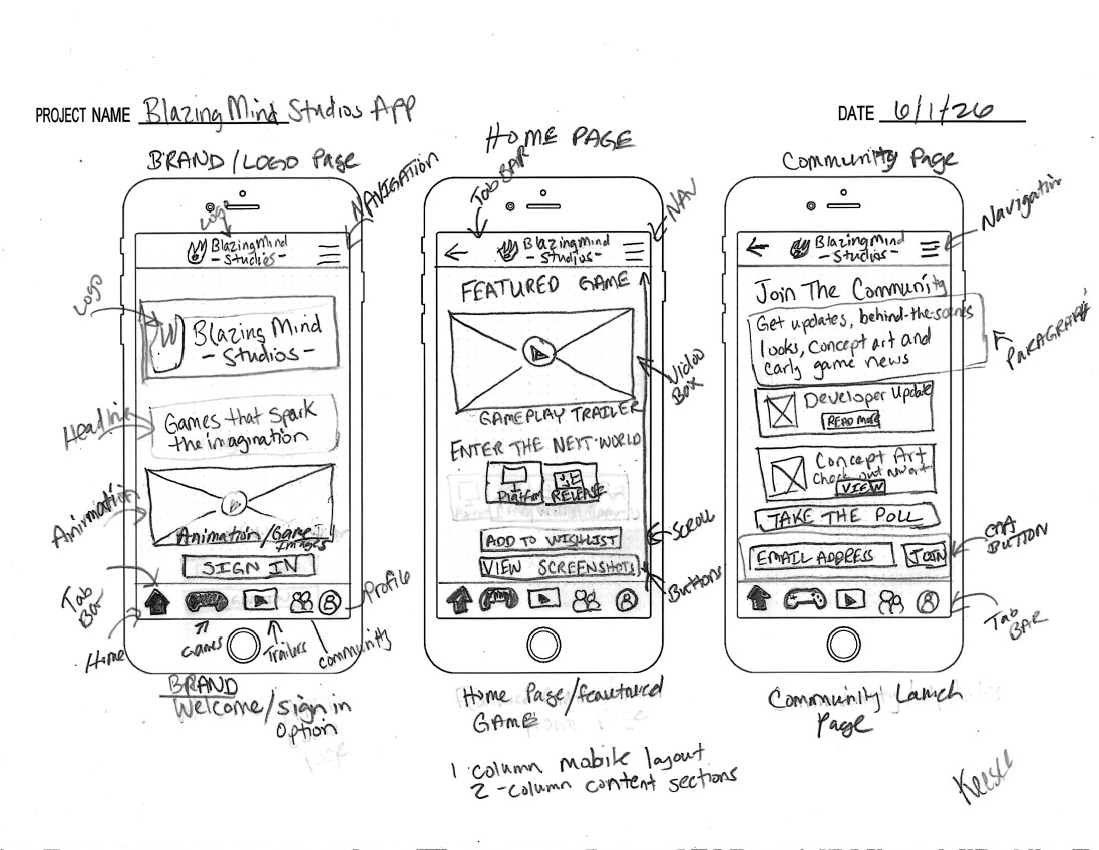 Low-fidelity wireframes for the BlazingMind Studios mobile app