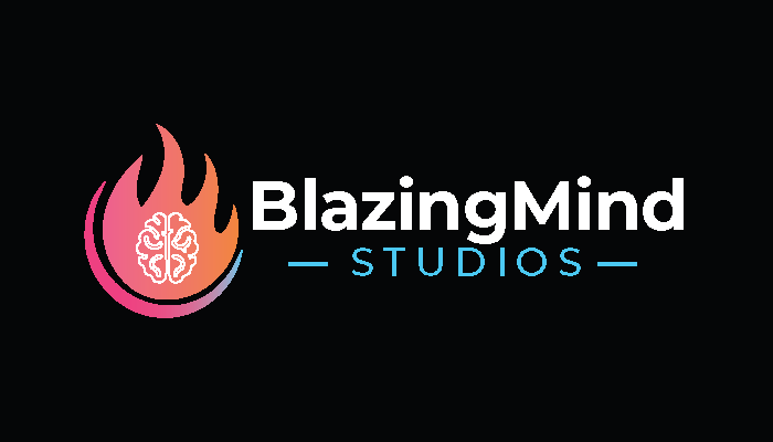BlazingMind Studios business card reverse with logo and dark branded background