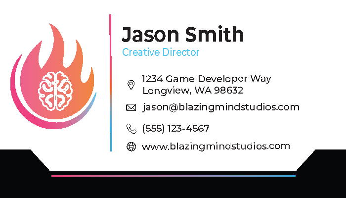 BlazingMind Studios business card front with logo, name, title, and contact information