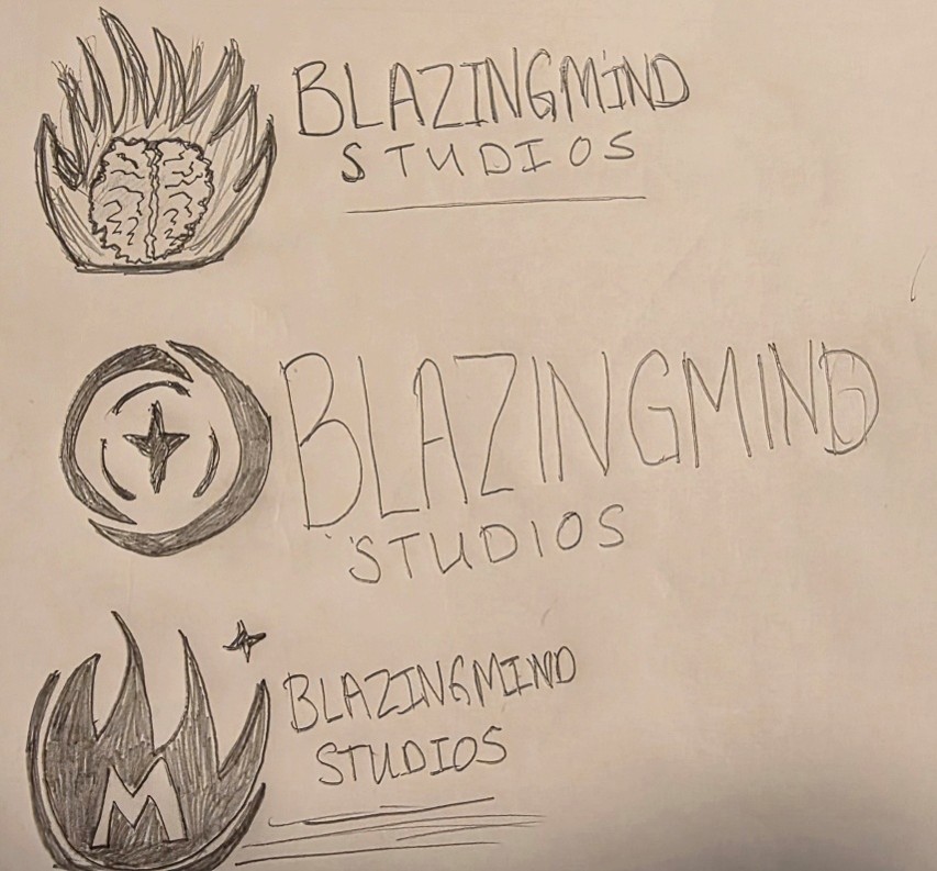 Three enlarged hand-drawn BlazingMind Studios logo concepts