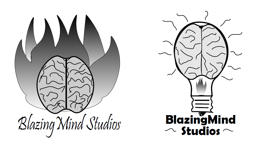 Early digital BlazingMind Studios logo concepts showing brain, flame, and lightbulb explorations