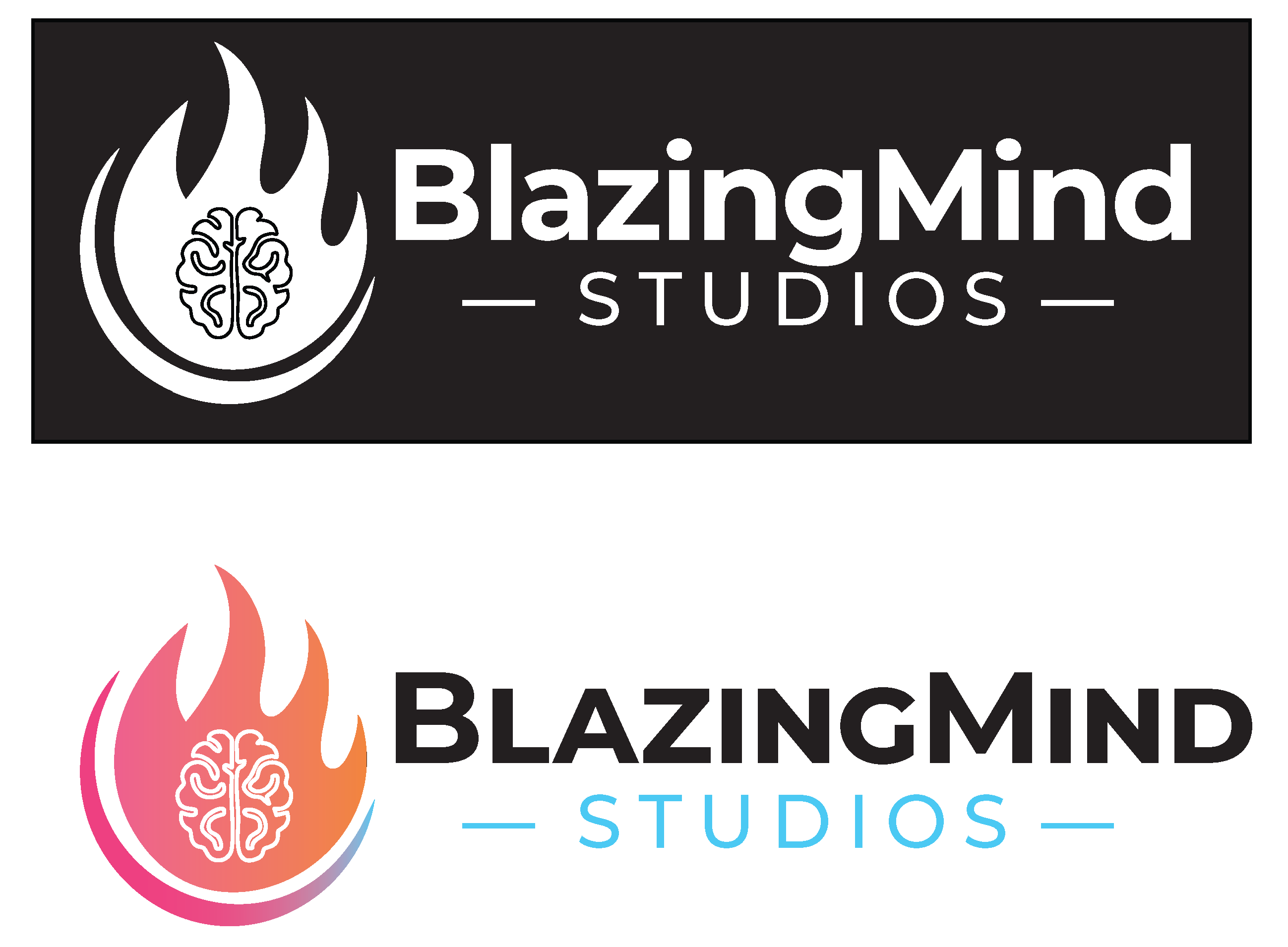 Final BlazingMind Studios logo shown in black-and-white and full-color variations