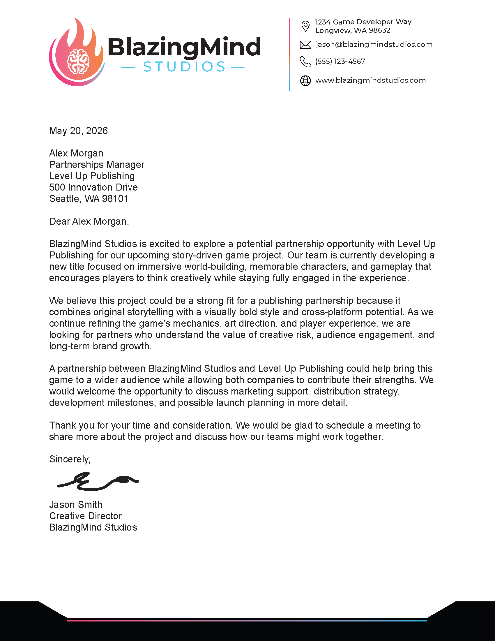 BlazingMind Studios finished letterhead example with branded header and footer