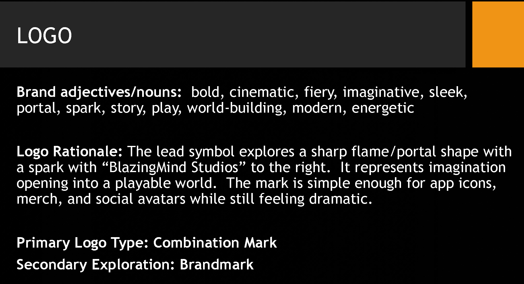 BlazingMind Studios logo rationale page from the original style guide