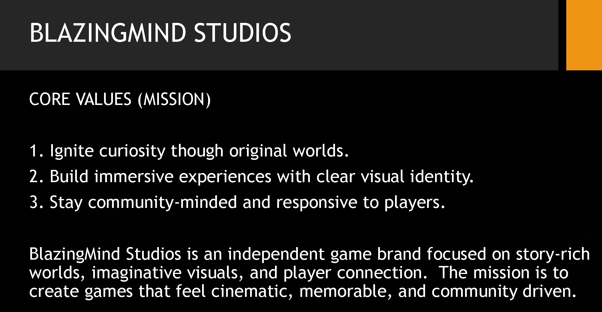 BlazingMind Studios mission and core values style guide page