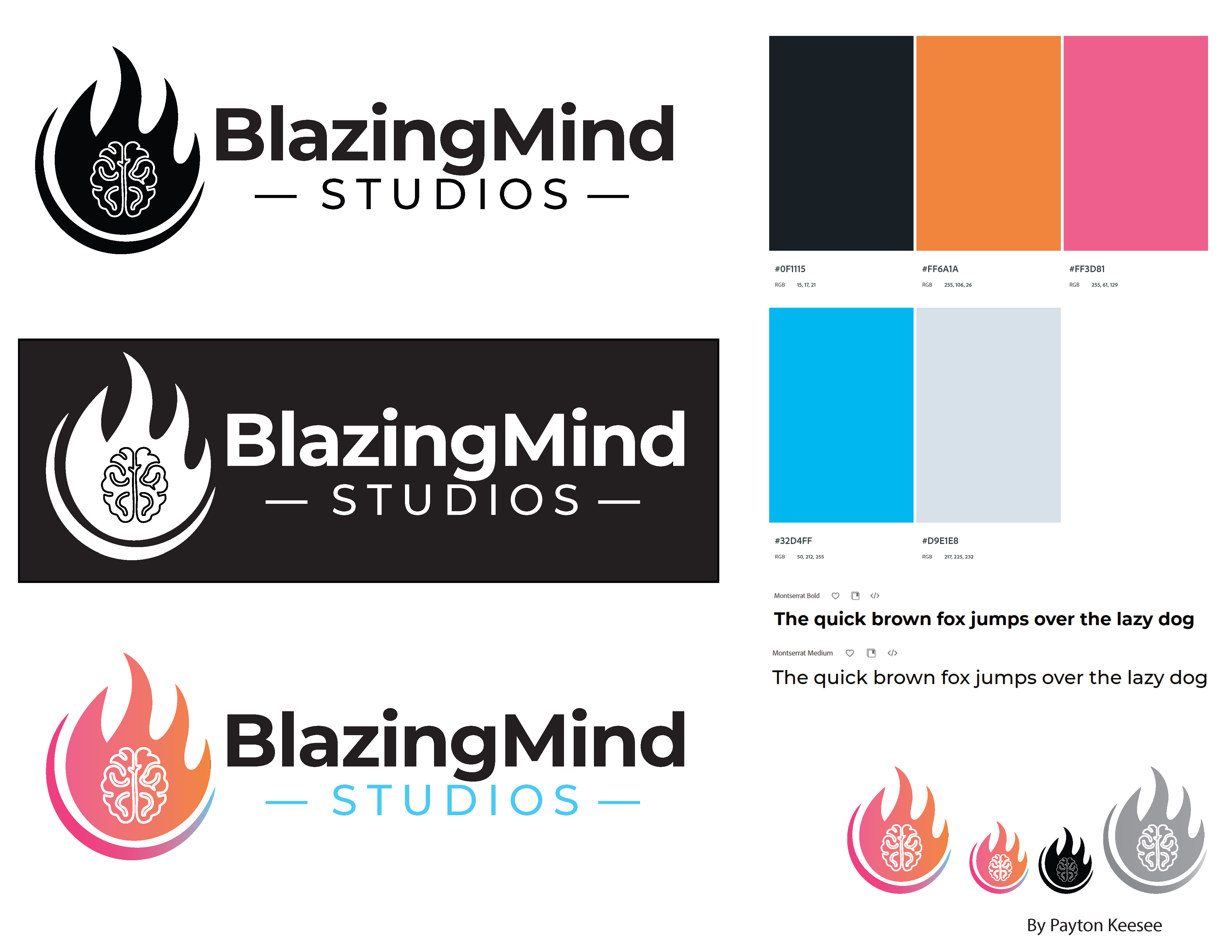 BlazingMind Studios final brand system board showing logo variations, palette, typography, and scalable marks