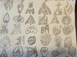 Page of small hand-drawn BlazingMind Studios logo thumbnail sketches