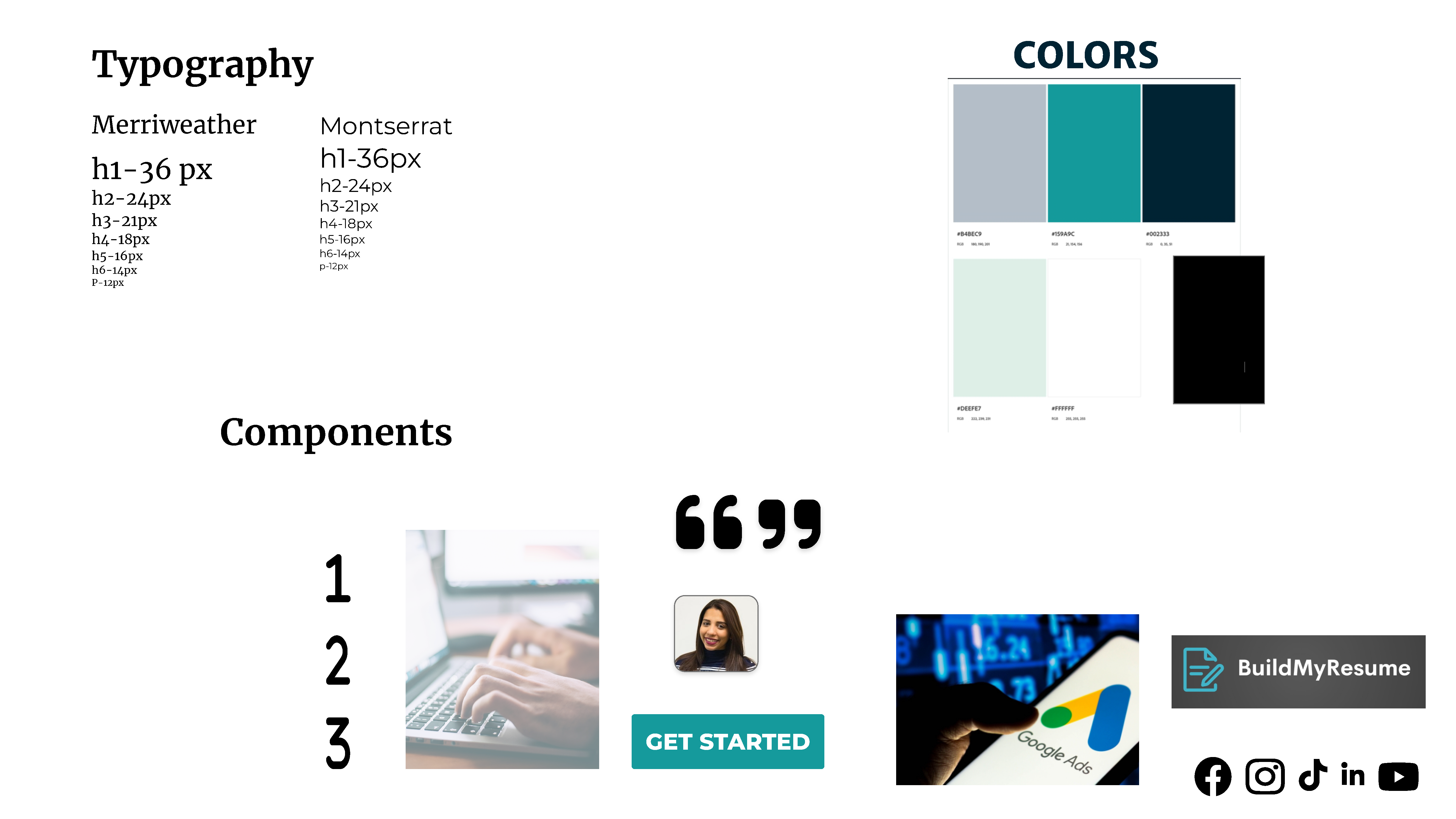 BuildMyResume visual system showing typography colors and interface components