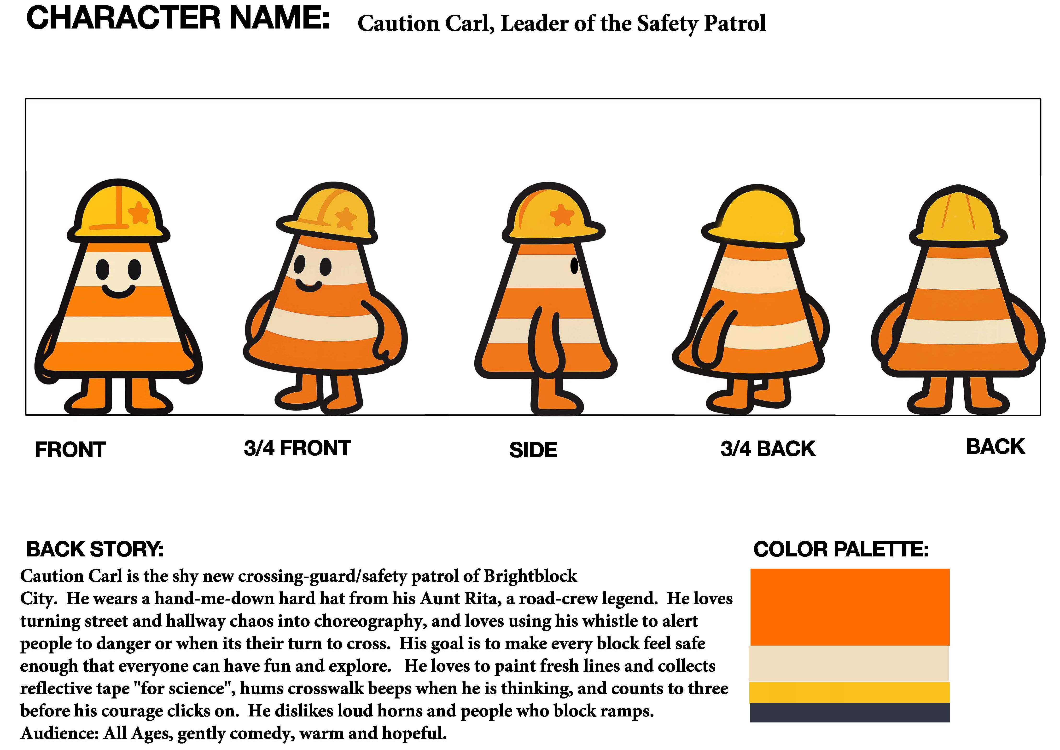 Caution Carl character turnaround showing front, three-quarter, side, and back views with backstory and color palette