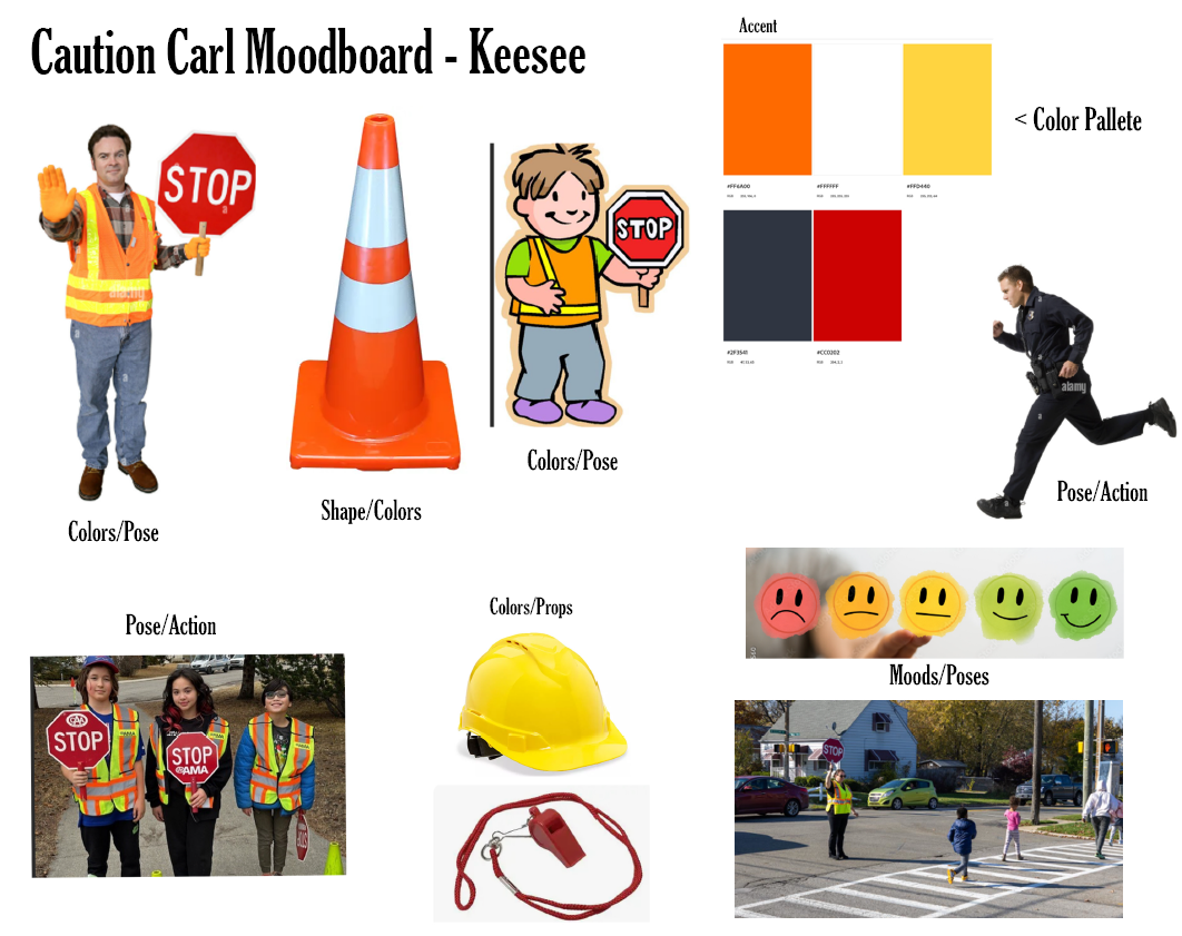Caution Carl moodboard with safety colors, props, poses, and crossing guard references