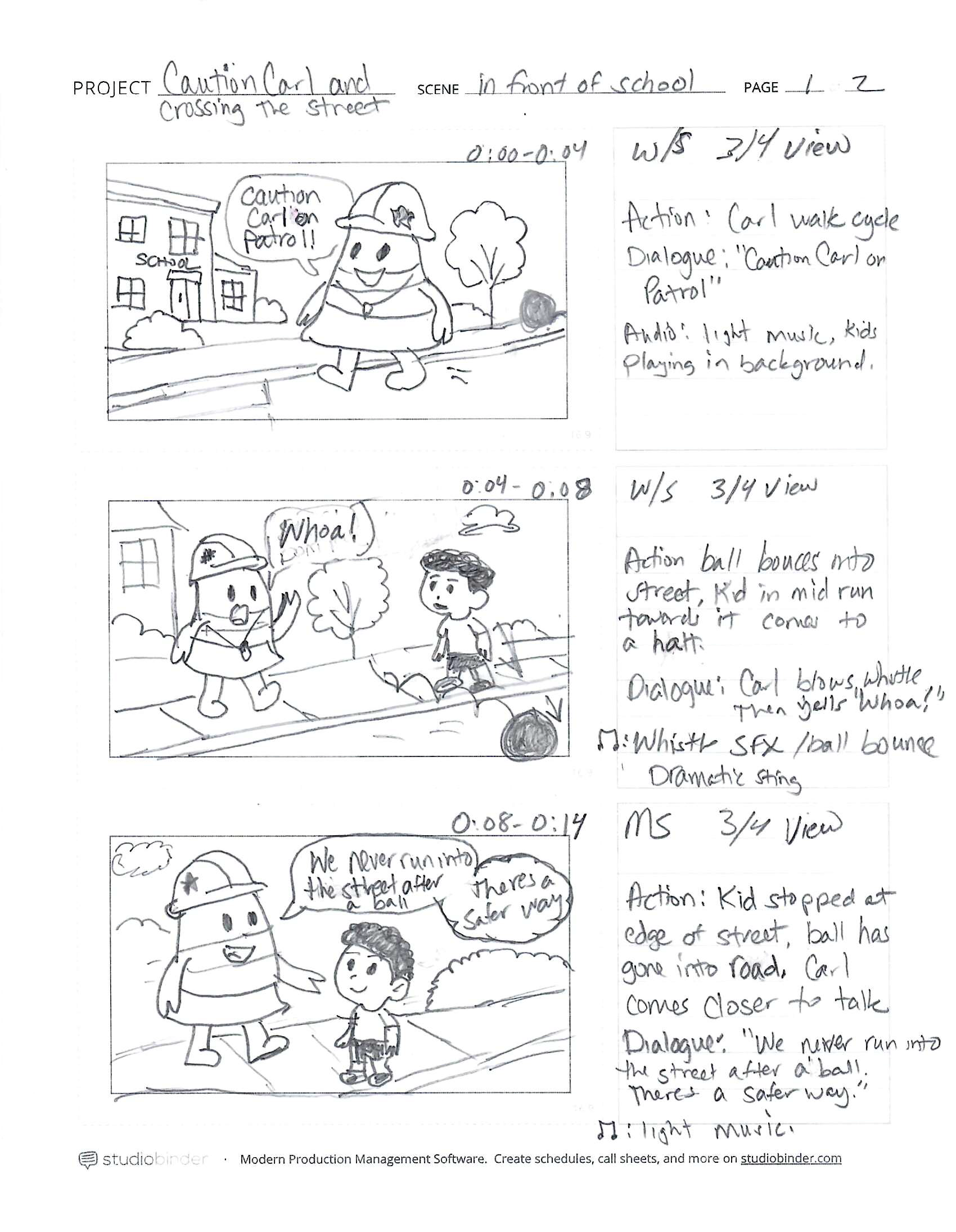 Caution Carl storyboard page 1 showing the school and ball entering the street
