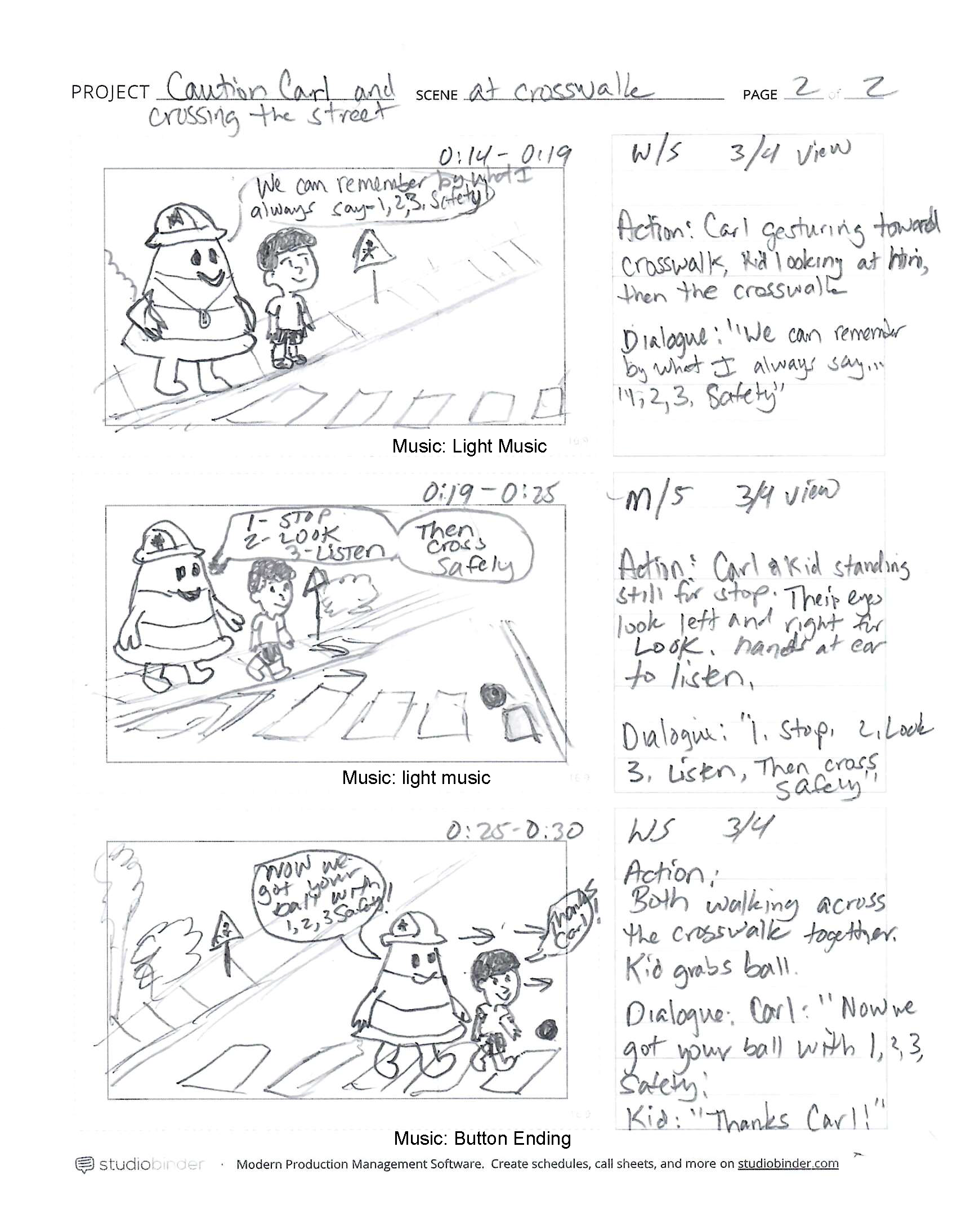 Caution Carl storyboard page 2 showing the crosswalk safety sequence
