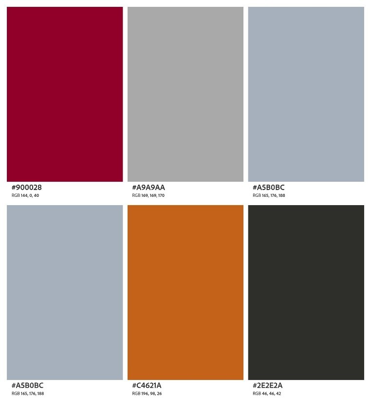 Pierce poster color palette with crimson, gray, blue gray, orange, and charcoal