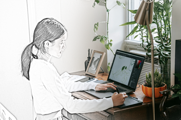 Student working at a laptop with the left side edited as a pencil sketch and the right side in full color