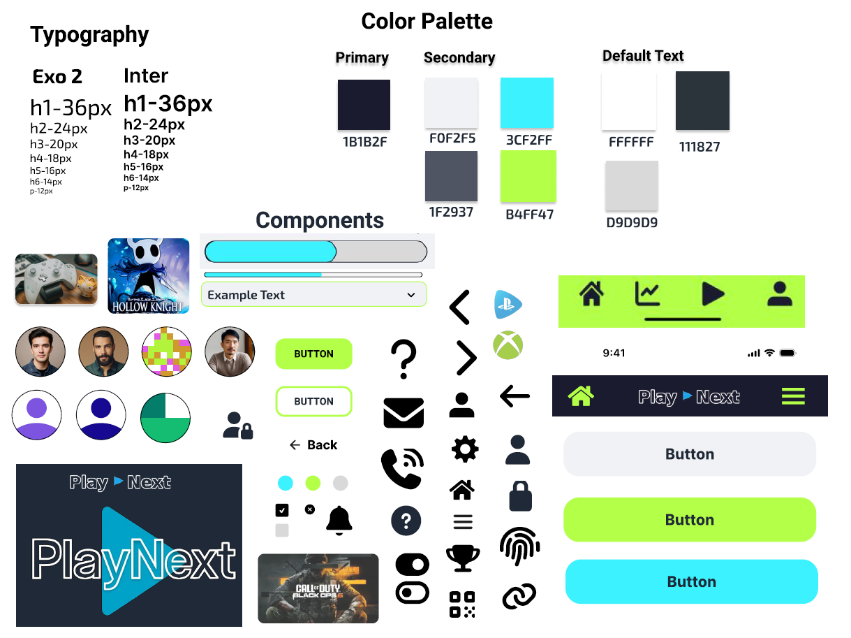 PlayNext design system board showing typography, palette, and UI components