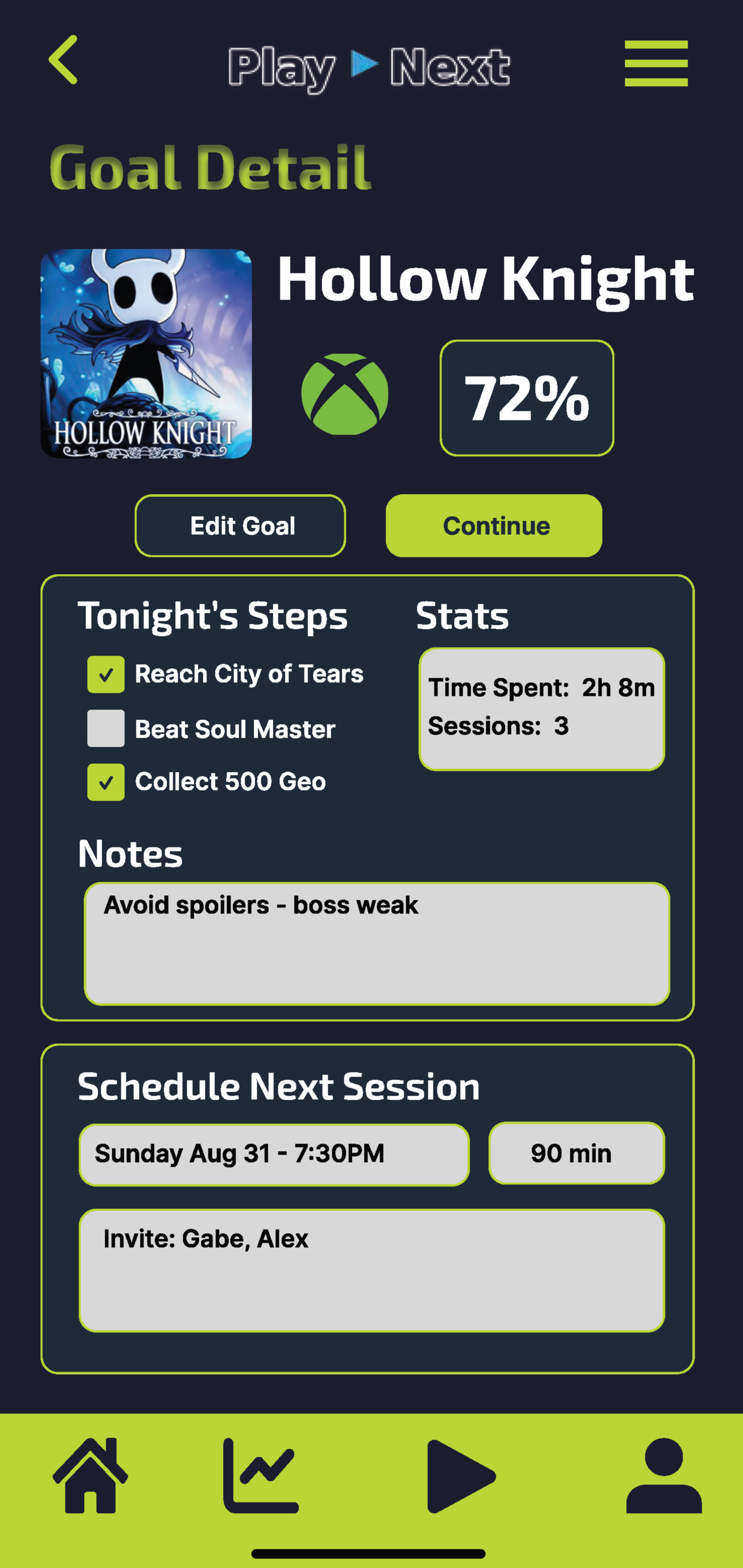 PlayNext Goals screen