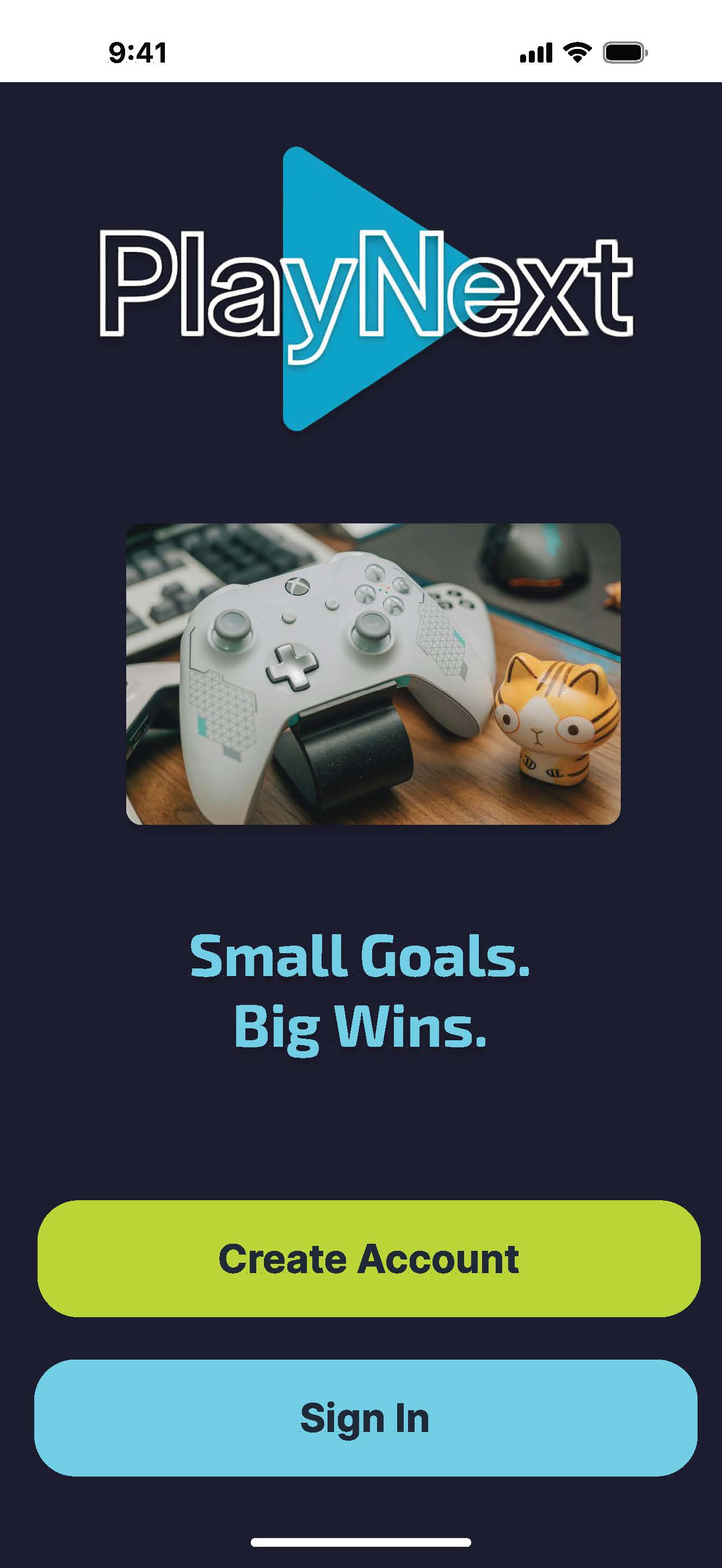 PlayNext mobile start screen with Create Account and Sign In buttons