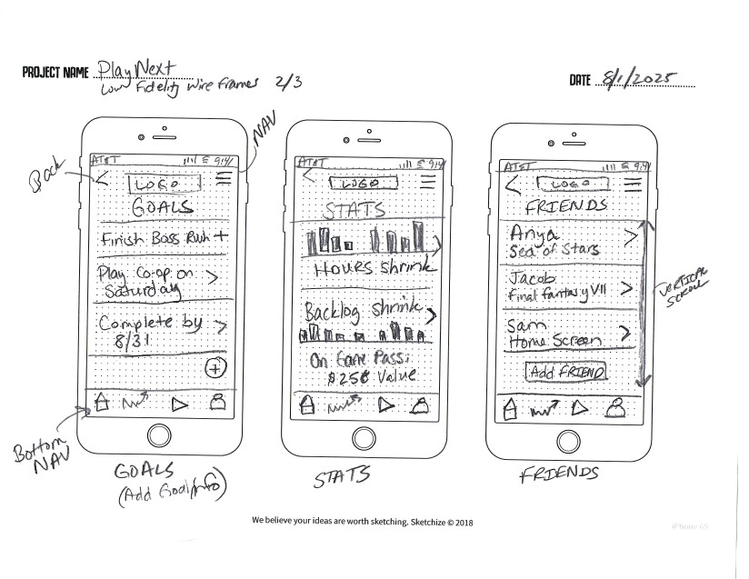 PlayNext low-fidelity wireframes showing goals, stats, and friends screens